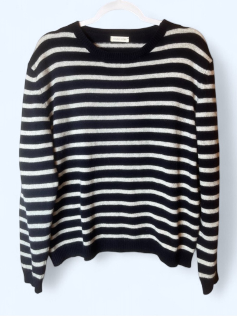 STUDIO FEDER Danish Baby Alpaca and Wool Blend Grey/Blue Striped Sweater Sz M